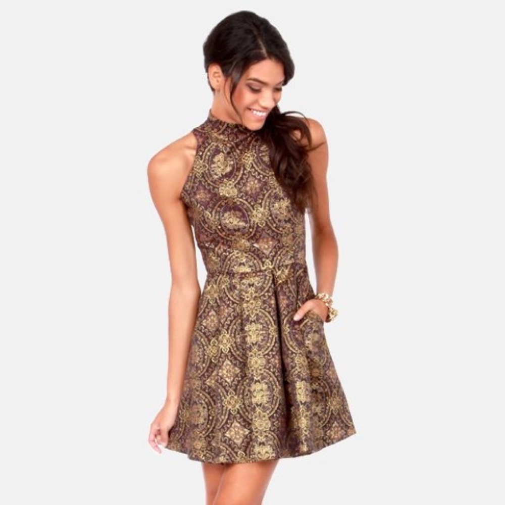 BB Dakota, mock neck, mini dress in purple and gold brocade.